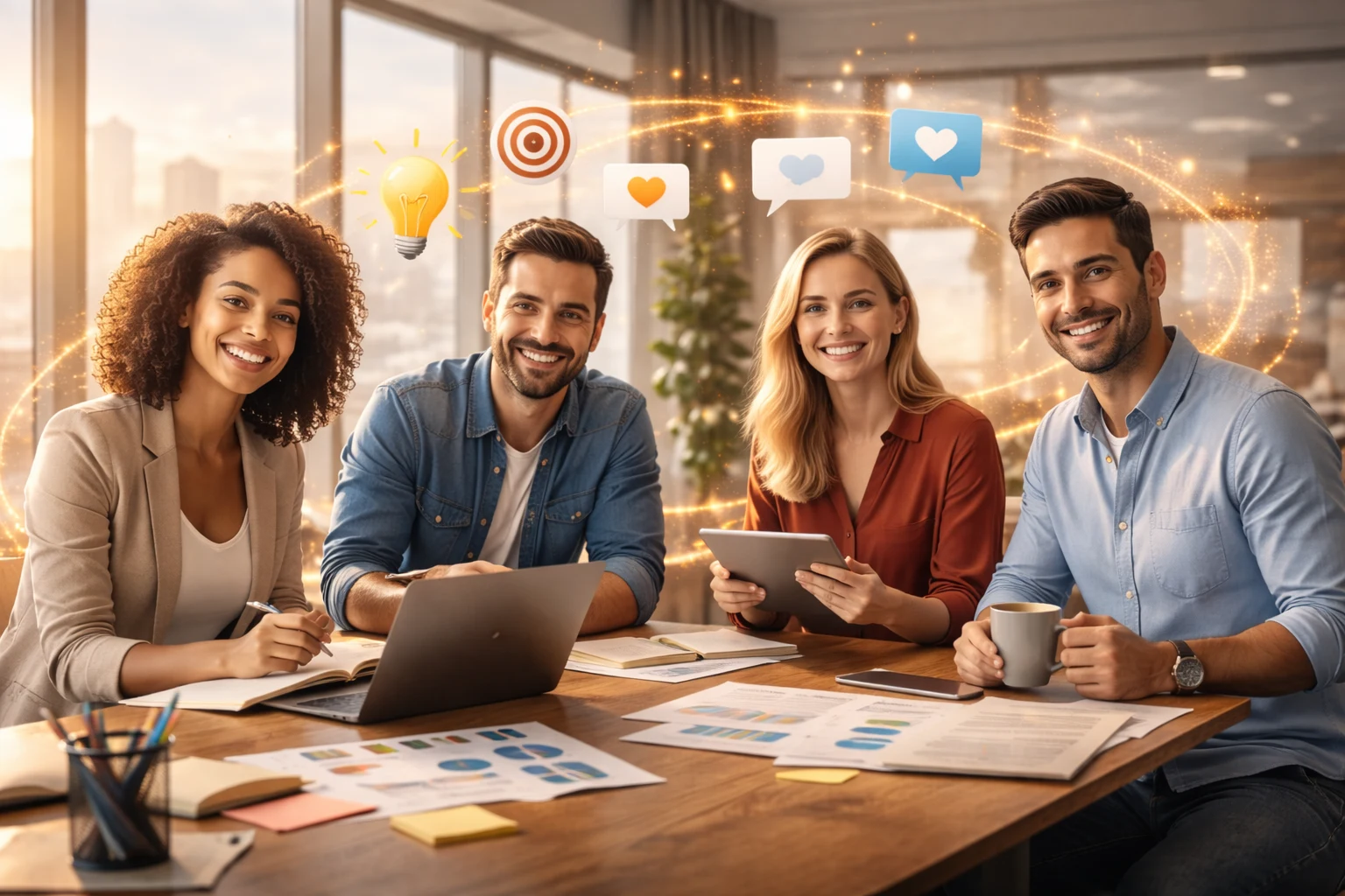 Diverse team collaborating in a modern office