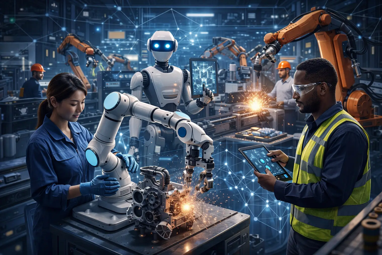 Robots and engineers collaborate in high-tech factory